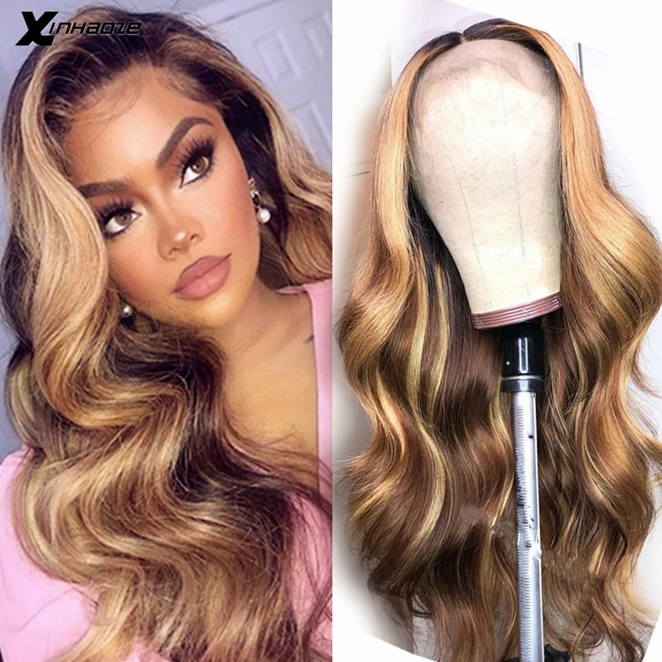 

Honey Blonde Highlighted Wigs 13x4 Ombre Brown Body Wave Lace Front Human Hair Wig Brazilian 5x5 Silk Base Top Lace Closure Wigs