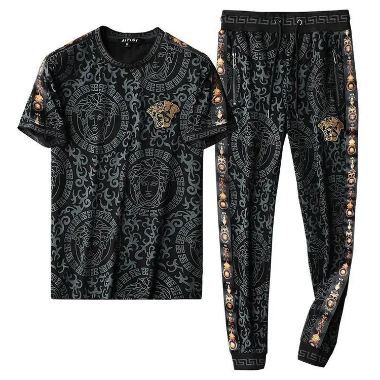 

2021 New Men's Printed Short Sleeve Casual Suit Summer Fashion Cool and Versatile Two Piece Men's Suit