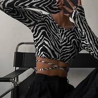 fashion elegant sexy backless zebra print women top long sleeve cropped top t shirts autumn bandage top tees slim