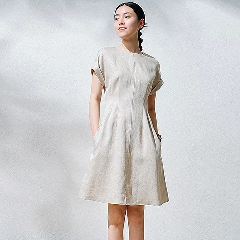 

Dress women 100% linen elegant design o neck raglan short sleeves pockets solid a-line casual simple dress ladies new fashion
