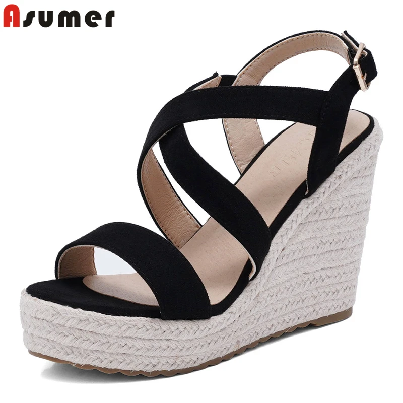 

Asumer/обувь размера плюс; Большие размеры 34-43; Новые женские туфли босоножки на танкетке; Женская обувь на танкетке обувь из PU искусственной за...