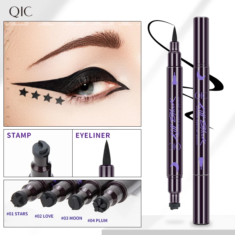 

QIC Double-head Stamp Eyeliner Black Liquid Eyeliner Waterproof Tattoo Pen Makeup Tools 4 Stamp Styles of Star/Moon/Titoni/Heart
