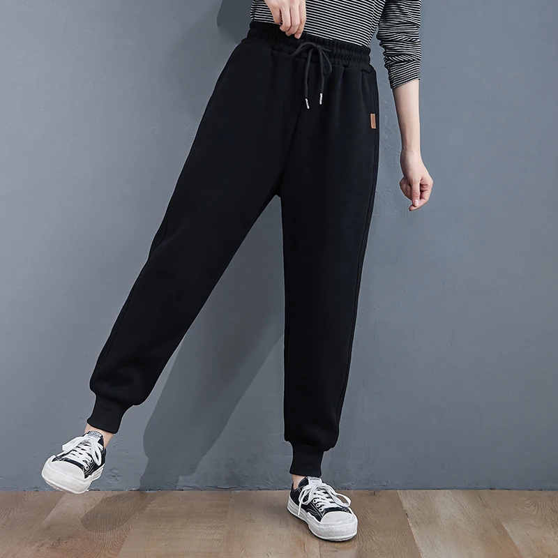 

Plus Velvet Thicken Ankle-Tied Sports Pants Female Winter Fat mm Elastic Waistband Slimming Casual Sweatpants Loose All-Matching
