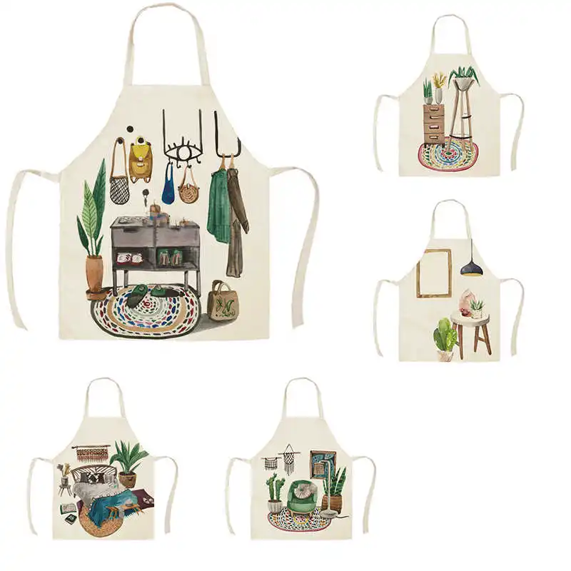 

Фартук льняной в скандинавском стиле для взрослых и детей, креативный кухонный, с принтом, для уборки дома, приготовления пищи, защита от заг...