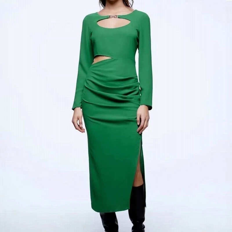 

Cut Out Midi Dress Women Spring 2022 New Fashion Buckle Neck Long Sleeve Hollow Waist Draped Clothes Slim Lady Sheath Vestido