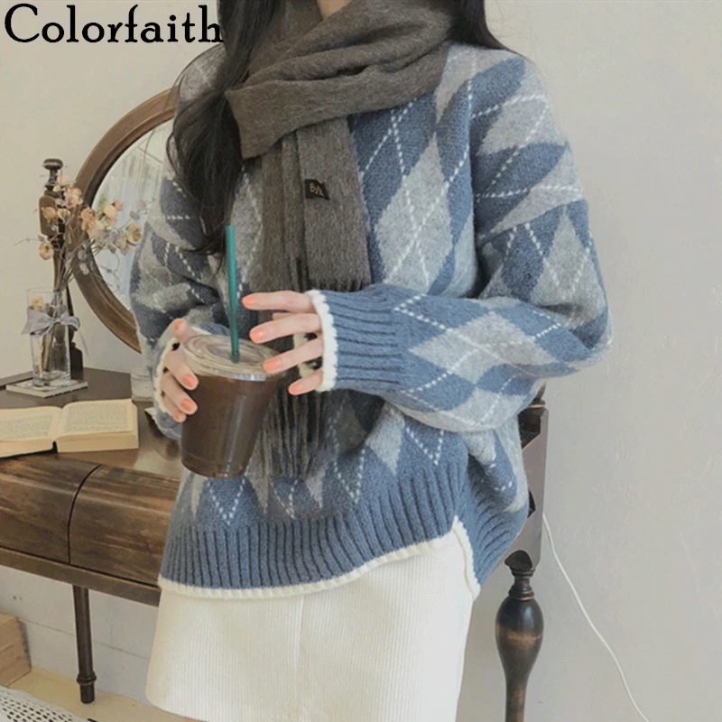 

Colorfaith, новинка 2021, женские свитера на осень и зиму, вязаные, элегантные, в клетку, модные, винтажные, дикие пуловеры, вязаные, SW3116JX