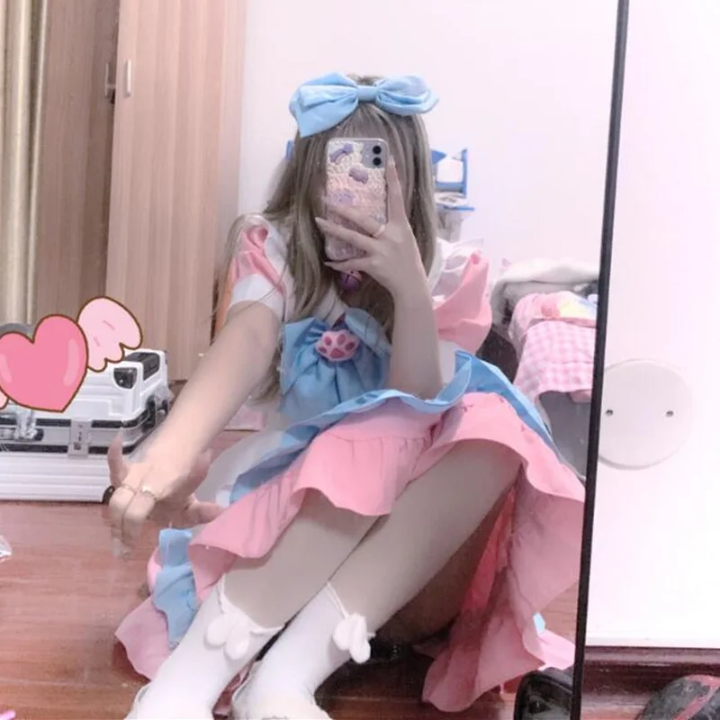 Anime Maid Outfit Pink Blue Cute Gangster Cosplay Loli Lolita Skirt Two-dimensional Costume Halloween Costumes for Women Cosplay images - 6