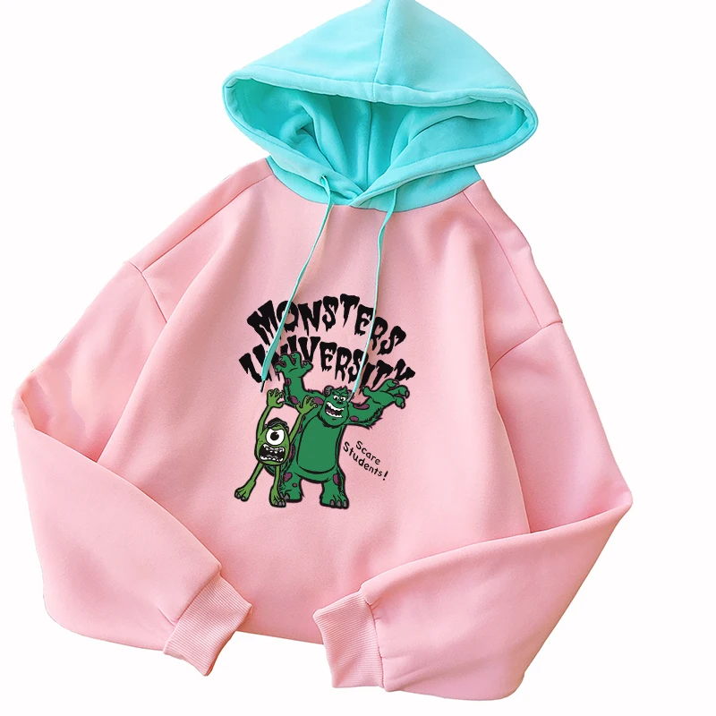 

Women's y2k Kawaii Sweatshirt Fleece Hit Color Splic Loose Cute MONSTERS UNIVERSITY Cartoon Print Harajuku Hoodies Woman Clothes