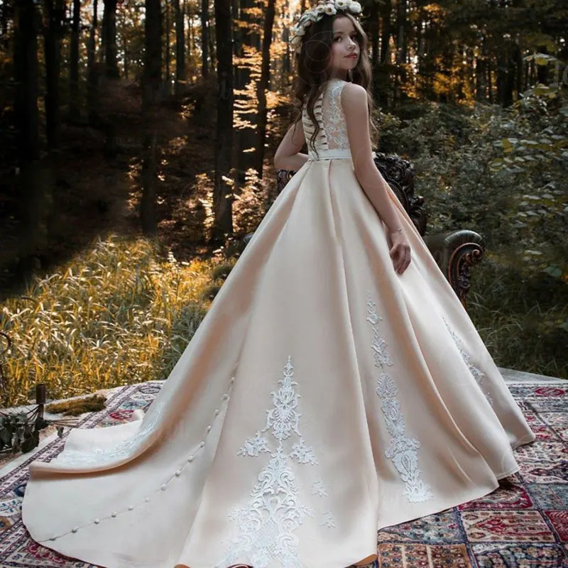 Роскошные платья для девочек с цветочным рисунком Кружевная аппликация модное