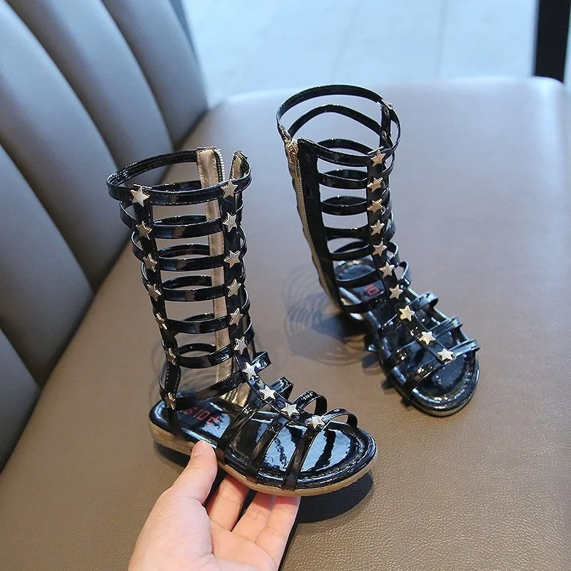 

Kids Gladiator Shoes 2021 Summer Footwear Breathable PU Leather Shoes Mid-Calf Length Sandals Side Zipper Shoes with Sequin