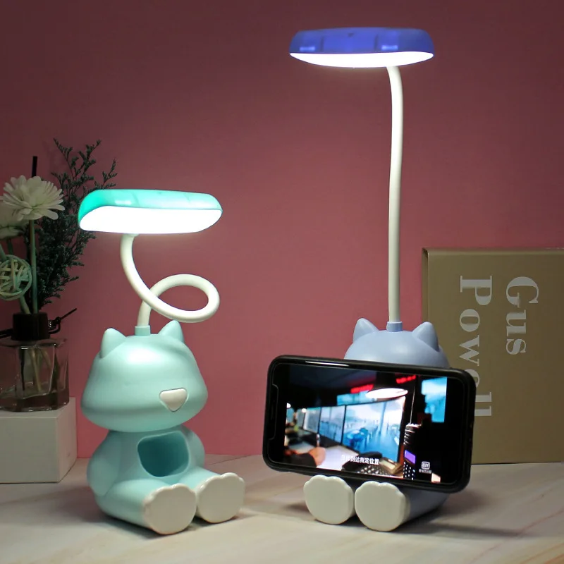

LED Table Lamp Student Cute Cat Flexo Desk Lamp With Storage USB Charging Children's Night Light Reading Phone Holder