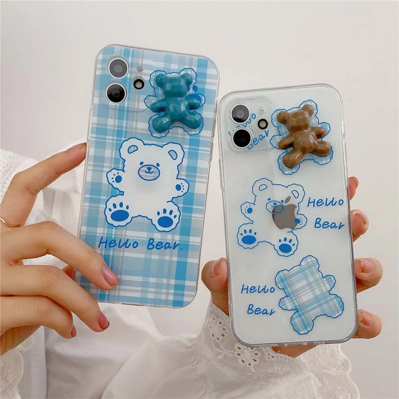 

Soft Cute Cartoon 3D Bear Transparent Phone case For iPhone 12 11 Pro Max SE2 7 8 Plus X XR XS Camera protection clear cover