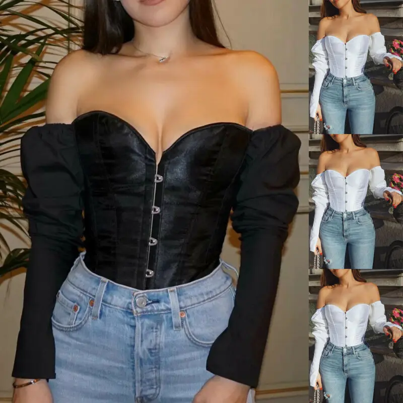 Стимпанк Готическая блузка с рюшами винтажная мода женская плеча длинным