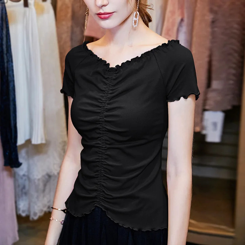 

T-shirt women's pleated wood ear edge V-neck short sleeve 2021 summer white waist exposed clavicle women's design temperament