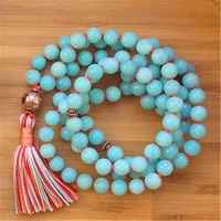 8mm natural aquamarine 108 beads handmade tassel necklace lucky meditation chakra religious healing cuff spirituality wristband