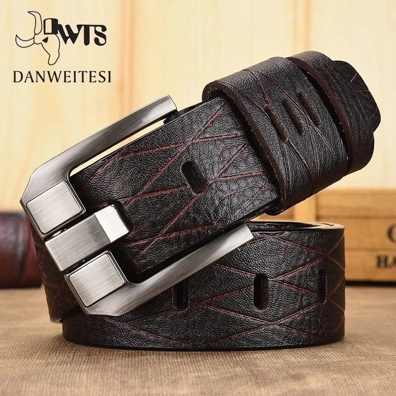 DWTS-Cinturón de cuero genuino para hombre, correa de lujo con hebilla de pin, informal, para vaqueros vintage de alta calidad