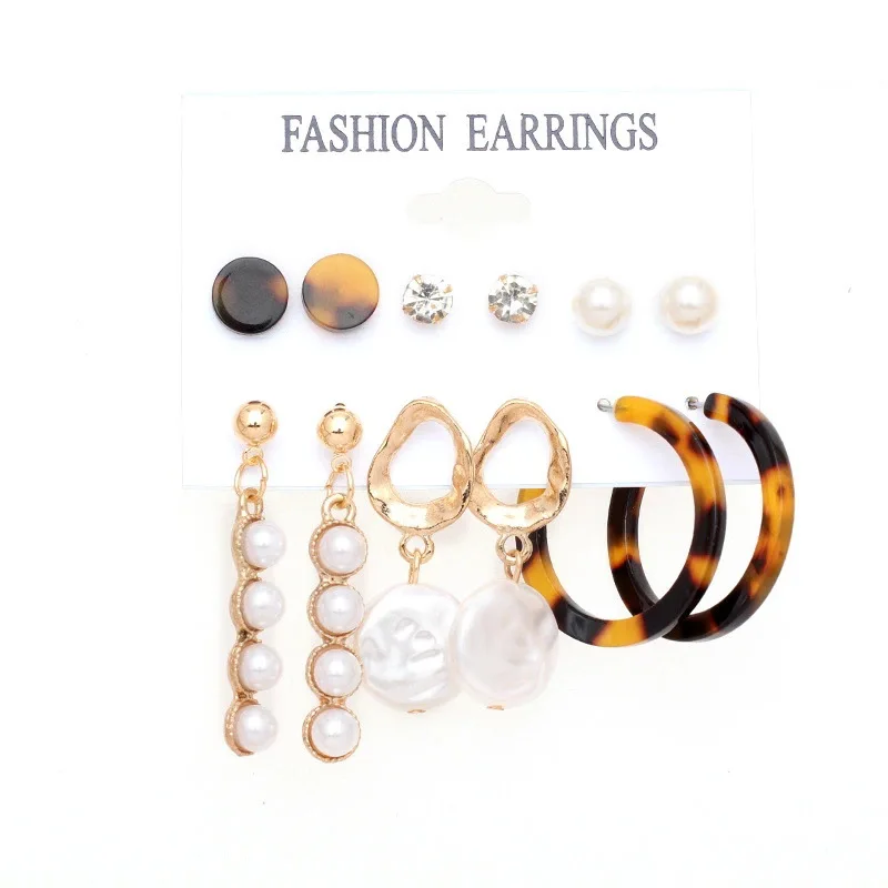 

Earrings Set retro trendy geometric zircon pearl acrylic series 6 pair Earrings