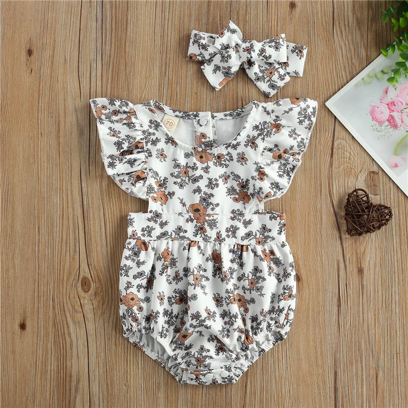 

2pcs 0-2Years Newborn Baby Girls Floral Cotton Clothes Sets,Children Girls Summer Cute Fly Sleeve O-Neck Romper+Bowknot Headband