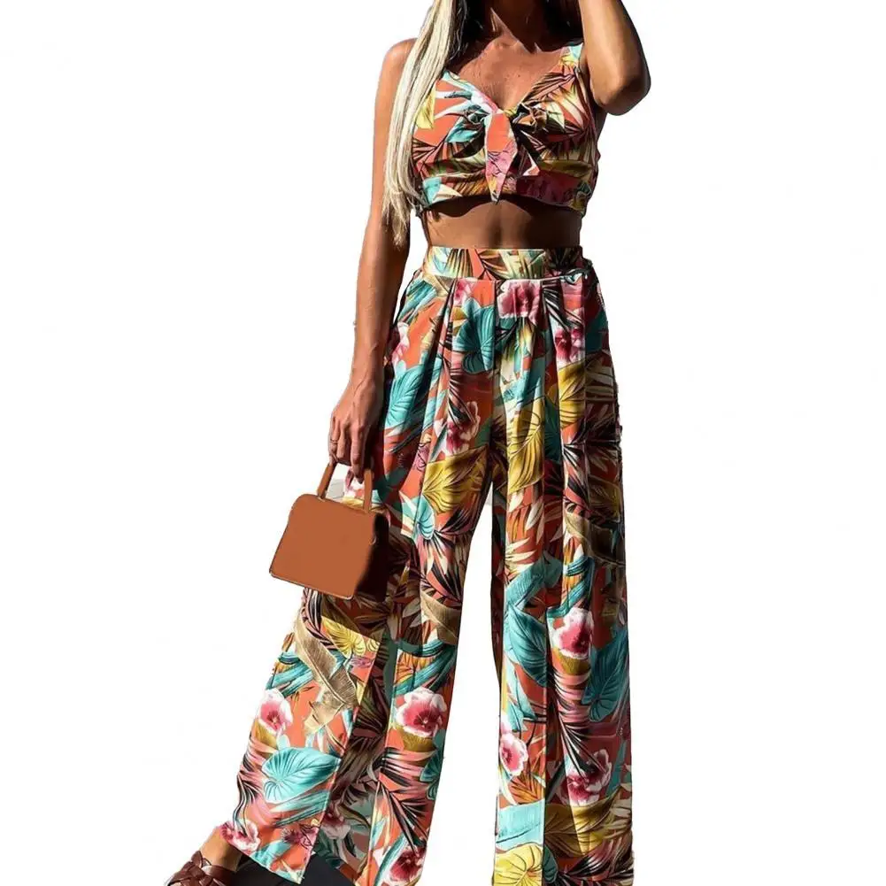 

Print Boho Pant Suits Summer Women 2 Piece Sets Spaghetti Strap Crop Tops Split Wide Leg Pant 2021 Sexy Beach Vacation Outfits