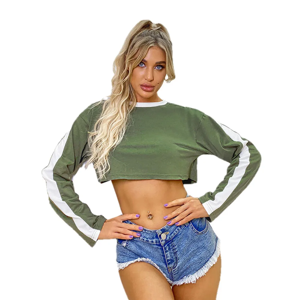 

Woman clothes Retro style fashion and leisure round neckline crop midriff straight tube loose long sleeve Woman shirt T - shirt