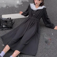houzhou gothic black dress women goth dark harajuku lolita lace vintage bandage casual pleated long dresses kawaii preppy style