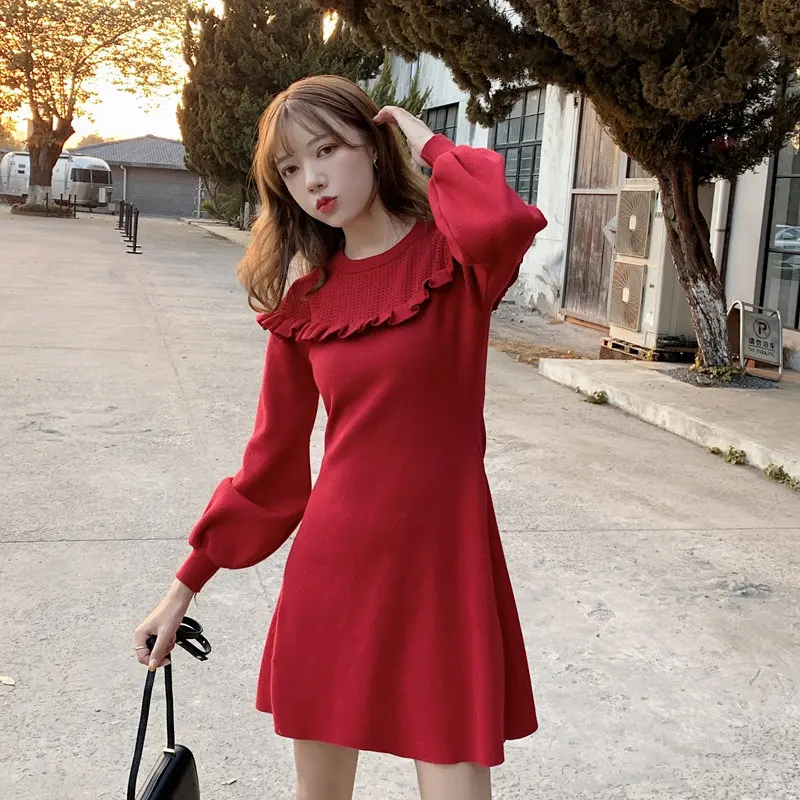 

Korean Elegant Knit Dress Autumn Women O-neck Long Sleeve Slim Sweater A-Line Dresses Casual Fashion Autumn Vestidos Female