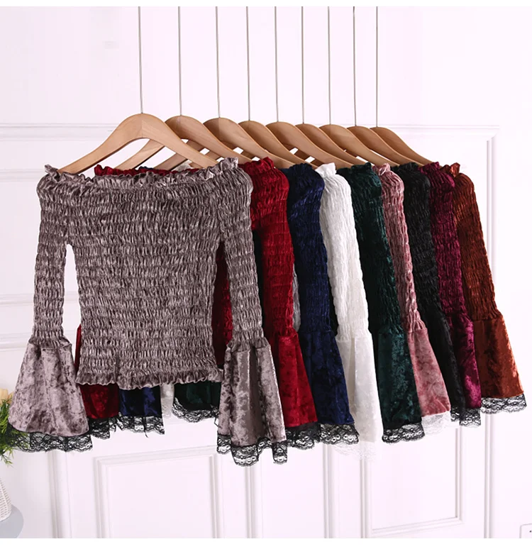 Женская велюровая футболка с открытыми плечами короткая бархатная длинным