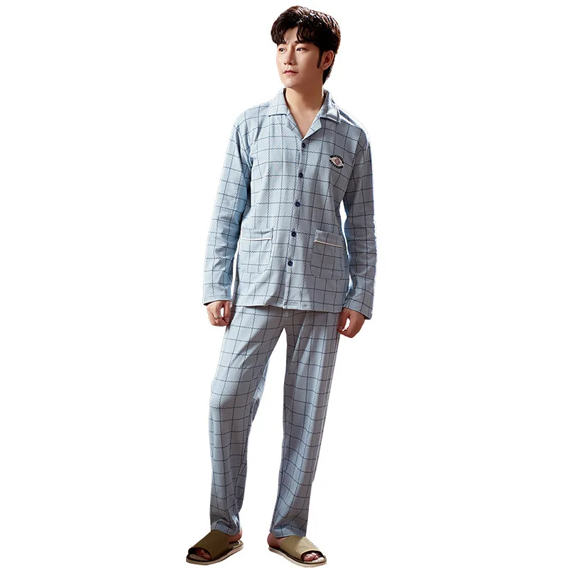 

Men's Pajamas Long-sleeved Pure Cotton Spring and Autumn Cotton Plaid Casual Large Size Cardigan Suit Thin Ensemble Homme 2020