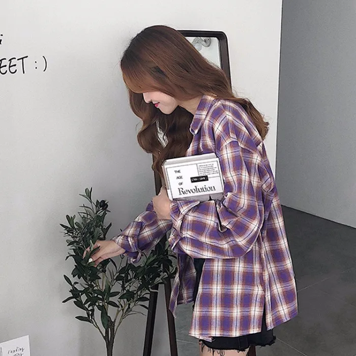 

Female Korean Harajuku Cute Casual Plaid Loose Shirt Women's Shirts Ulzzang Japanese Kawaii Ladies Vintage Clothes For Women