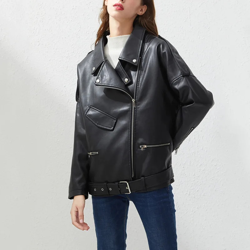 

Casual Women Faux Leather Jacket 2021 Zipper Loose Biker Sashes Streetwear Punk Outwear Fashion BF Style Black Leather Jackets