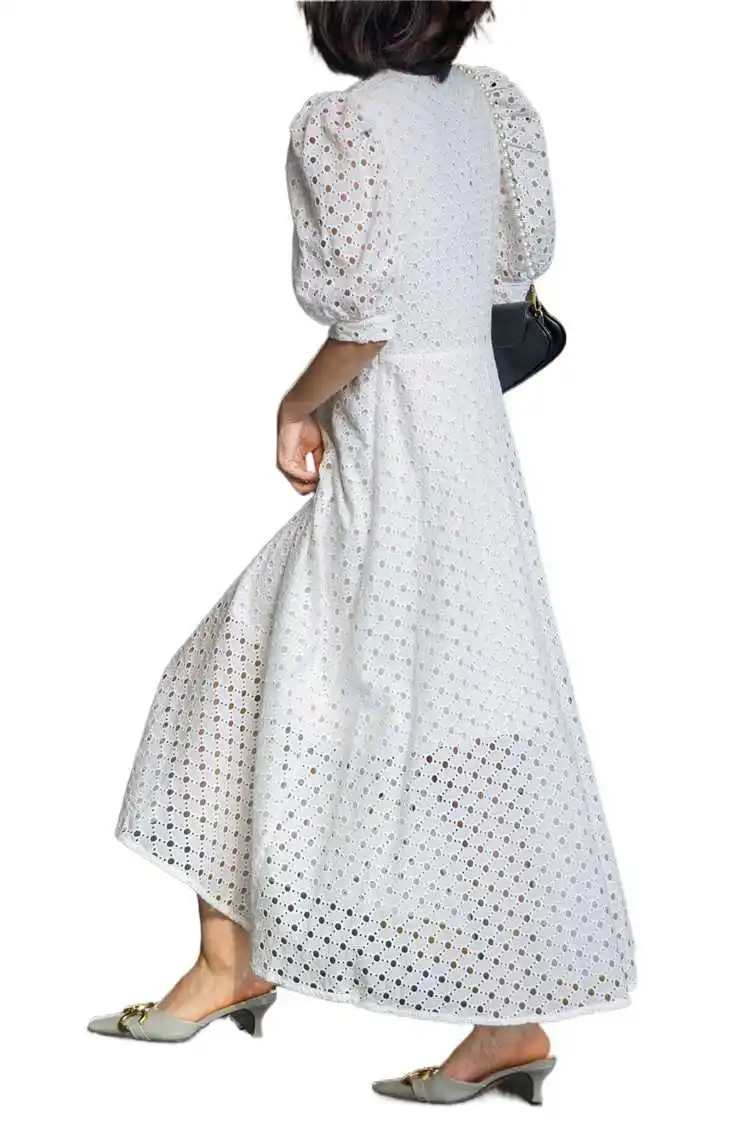 

French bubble sleeve long skirt heavy industry embroidery hollow out solid color elegant waist closing temperament dress 2021