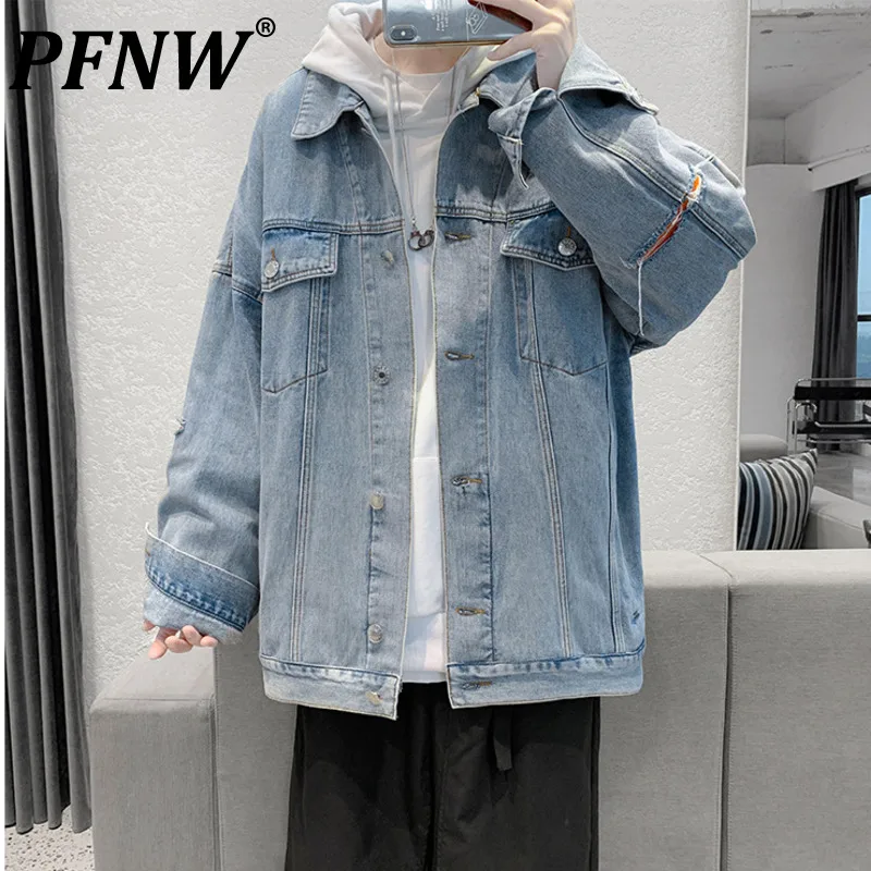 

PFNW 2021 New Hole Denim Jacket Men's Fashion Loose Hip Hop Ins Coat Autumn Cool Pockets Tooling Jean Clothes Male Tops 12X0235