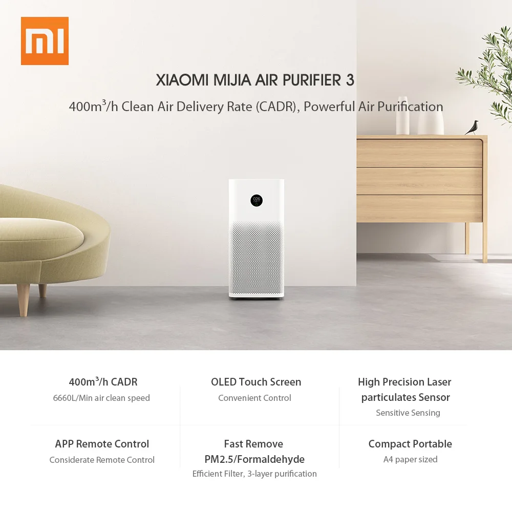 Xiaomi Mijia очиститель воздуха 3 OLED сенсорный экран PM2.5 формальдегид стерилизации очистки воздуха стерилизатор телефон приложение Smart control