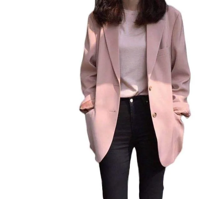 

Pink Lapel Collar Elegant Office Ladies Workwear Blazer Long Sleeve Regular Fit Minimalist 2020 Women Autumn Blazer 3 colors