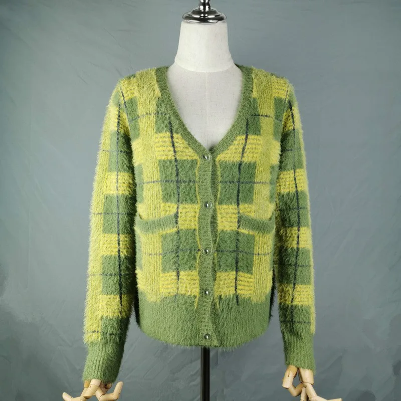 Vintage Synthetic Mink Cashmere Sweater Women Harajuku Lazy Style Ladies V-Neck Button Up Cropped Fuzzy Plaid Cardigan Knitted |