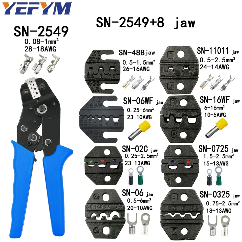 YEFYM SN-2549 0,08-1 мм2 обжимные плоскогубцы набор 8 челюстей для трубки/штепсельной пружины/изоляции/неизоляции большинства типов клемм инструменты - Цвет: SN-2549 8jaw