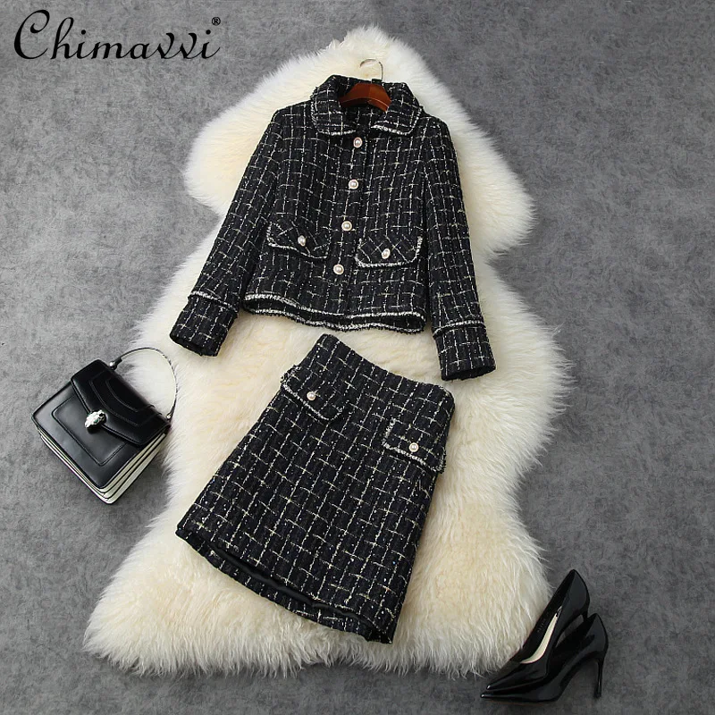 

Женская одежда осень-зима 2020, модное однобортное клетчатое пальто с длинным рукавом, приталенная элегантная твидовая юбка с высокой талией,...