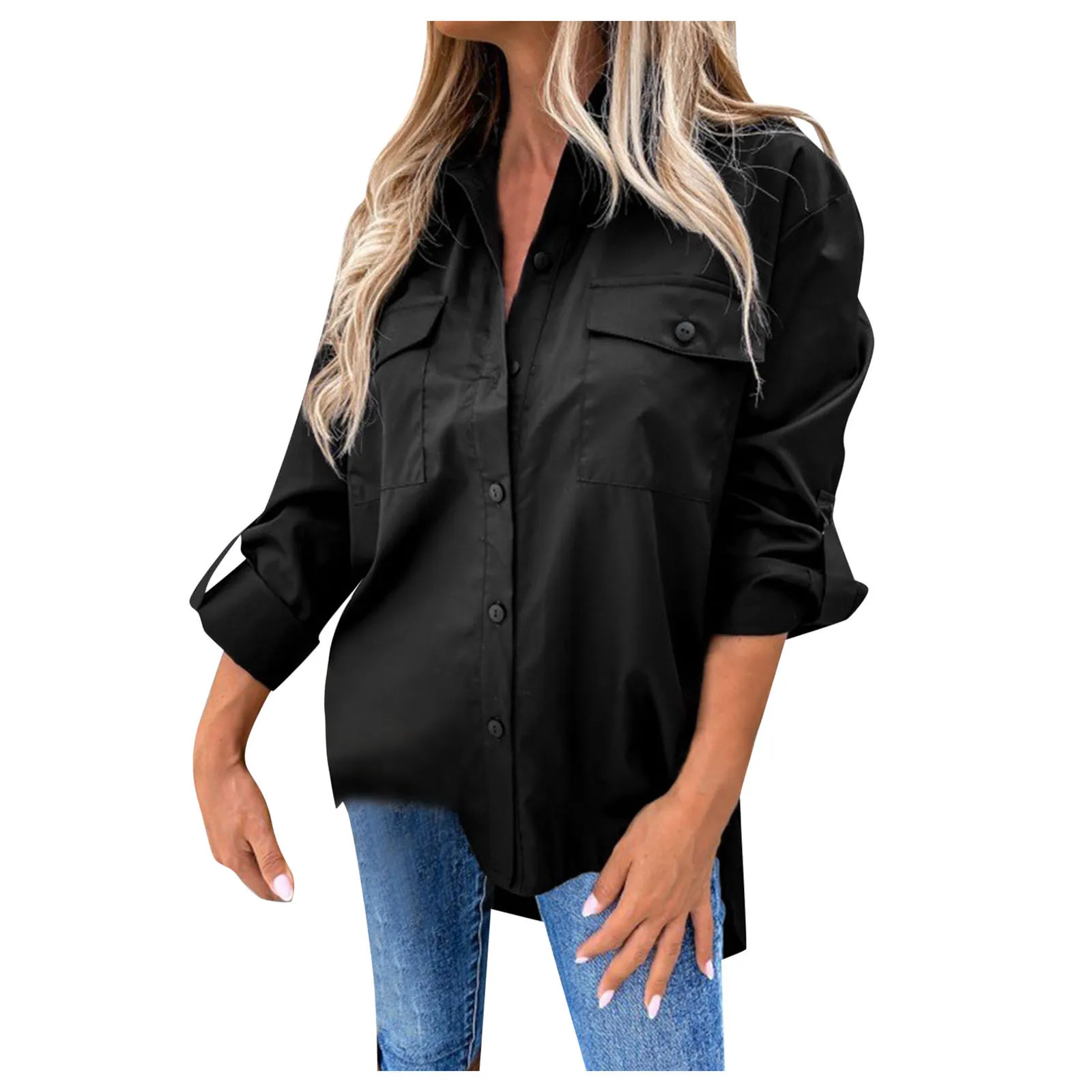 Женская Повседневная однотонная Асимметричная Свободная рубашка с длинным