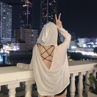 long sleeve t shirts women summer backless hooded sexy thin fashion korean style all match loose solid womens tops party chic