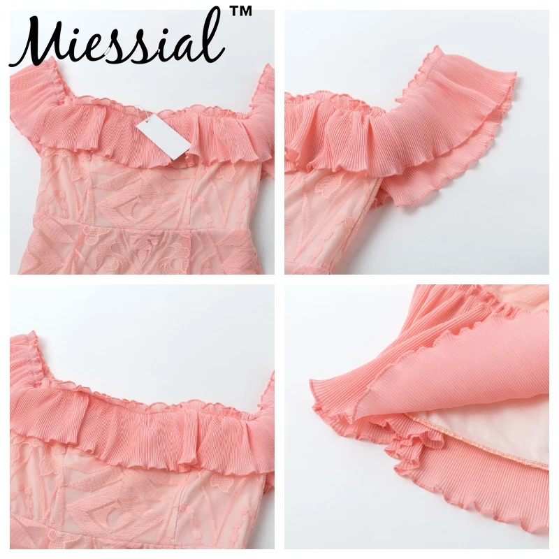 Miessial Розовое Кружевное облегающее платье с открытыми плечами Осеннее винтажное