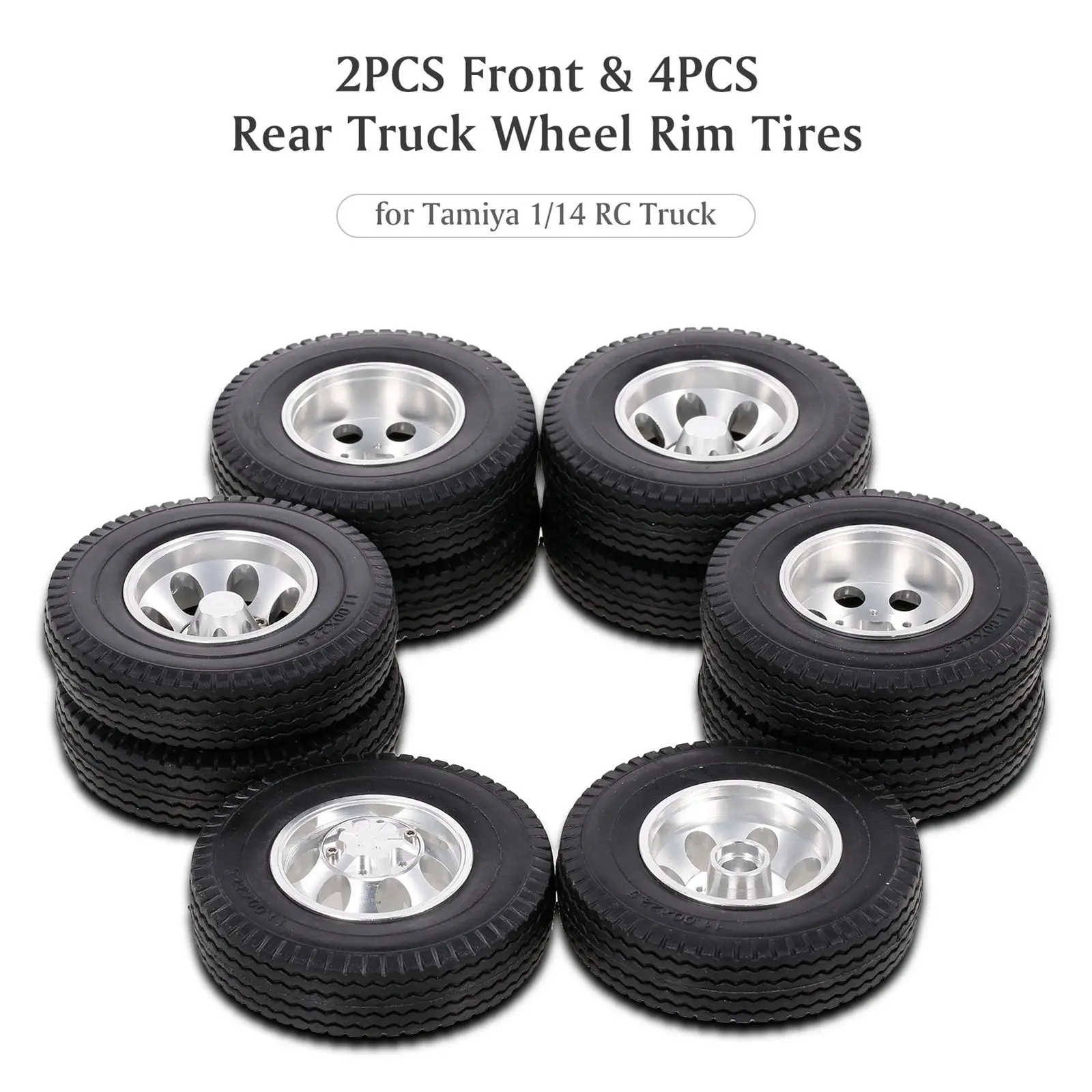 

6PC 1:14 Wheel Rim Rubber Aluminum Alloy Front and Rear Wheel Spare Parts Durable Replacement Tires for Tamiya RC Tractor Truck