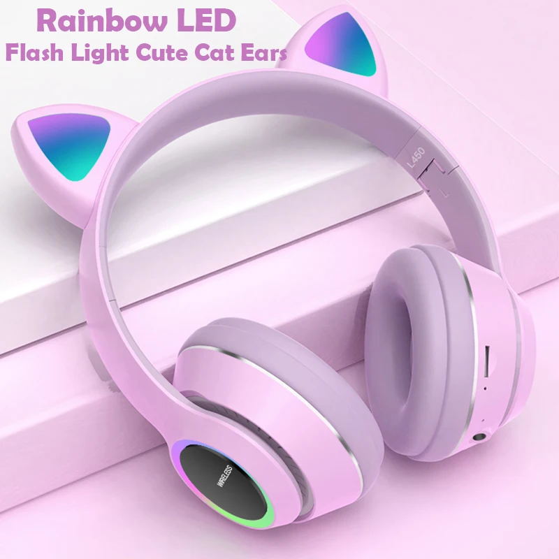 

Bluetooth Headphones glowing cute LED Cat Ear Paw Girls Gift Kids Headset Wireless HIFI Stereo Bass 3.5mm Plug With Mic Earphone