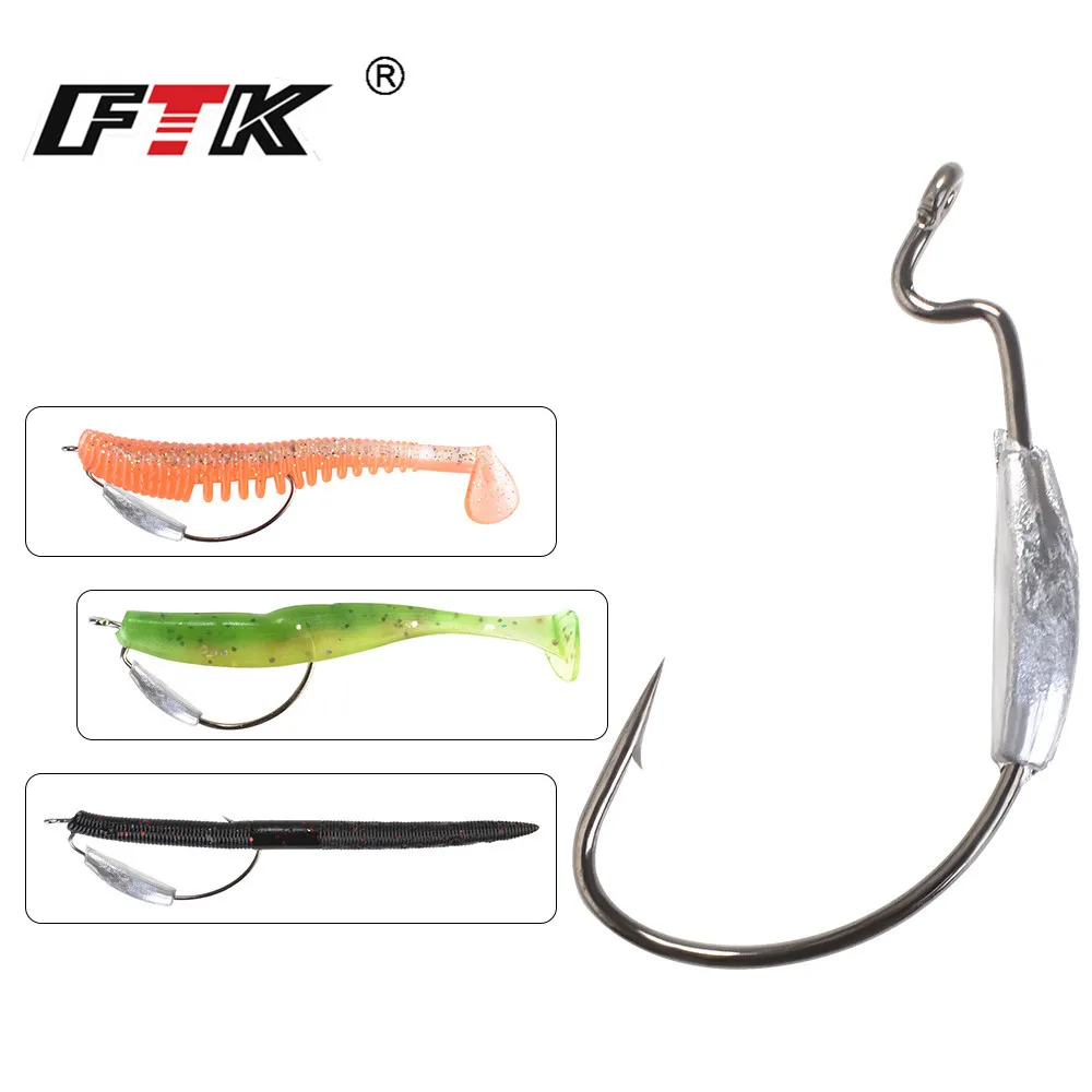 FTK 5pcs/pack 2#-4/0 Fishing Soft Worm Jig Lead Lure Hooks High Carbon Steel Wide Super Lock Fishhooks Softjerk | Спорт и
