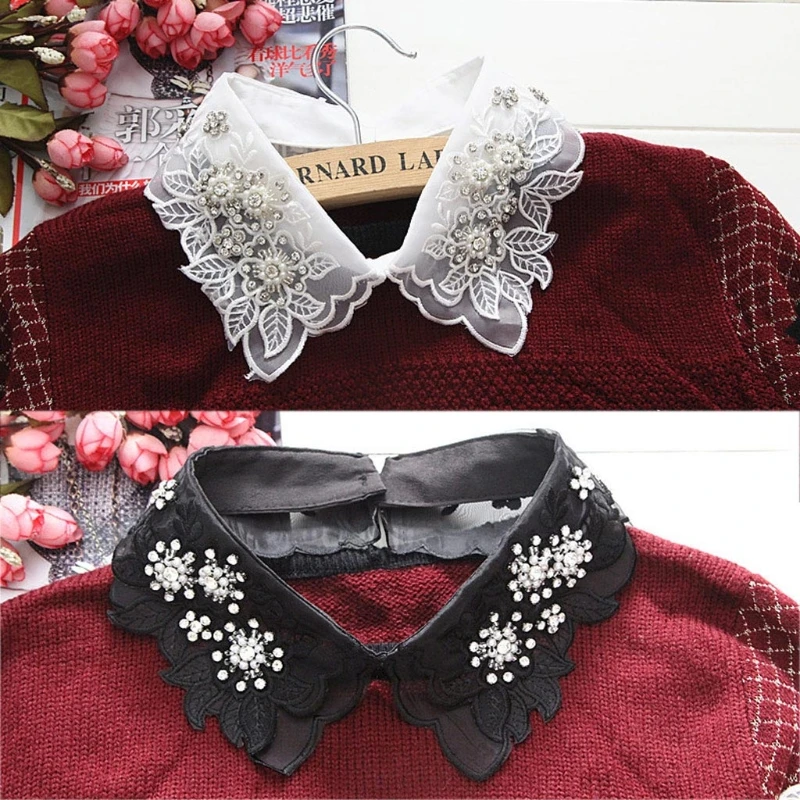 

85DE Pearl White Fashion Shirt Lace Embroidery Sweater Elegant False Collar Necklace