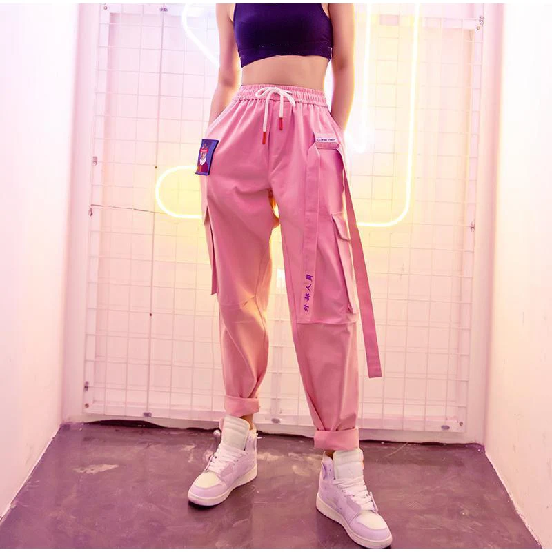 Hip Hop Harajuku Women's Cargo Pants Plus Size Patchwork Lace-up Straight Sweatpants Female Streetwear Sports Trousers