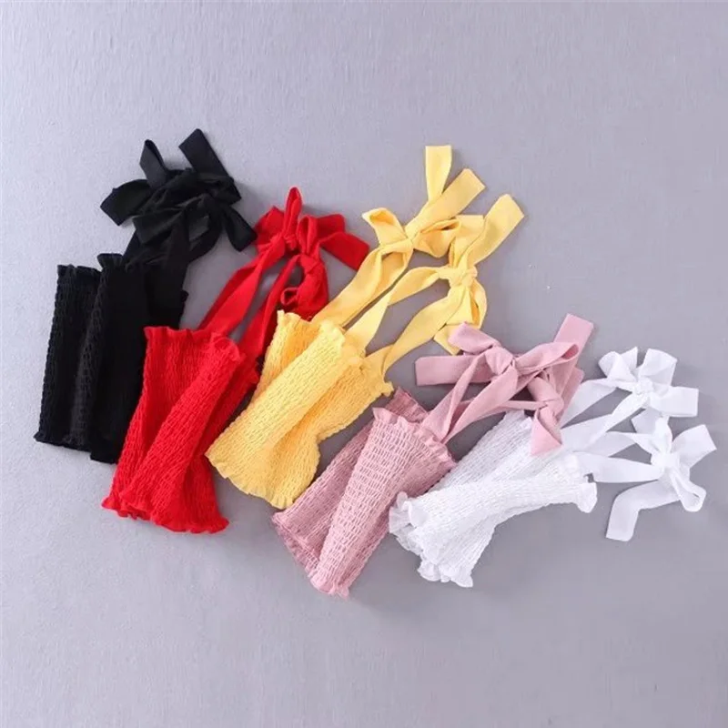 

2020 New Summer Autumn Tube Crop Top Women Fashion Bow Tie Strap Ruched Tank Top Lettuce Edge Elastic Camis 5 Colors