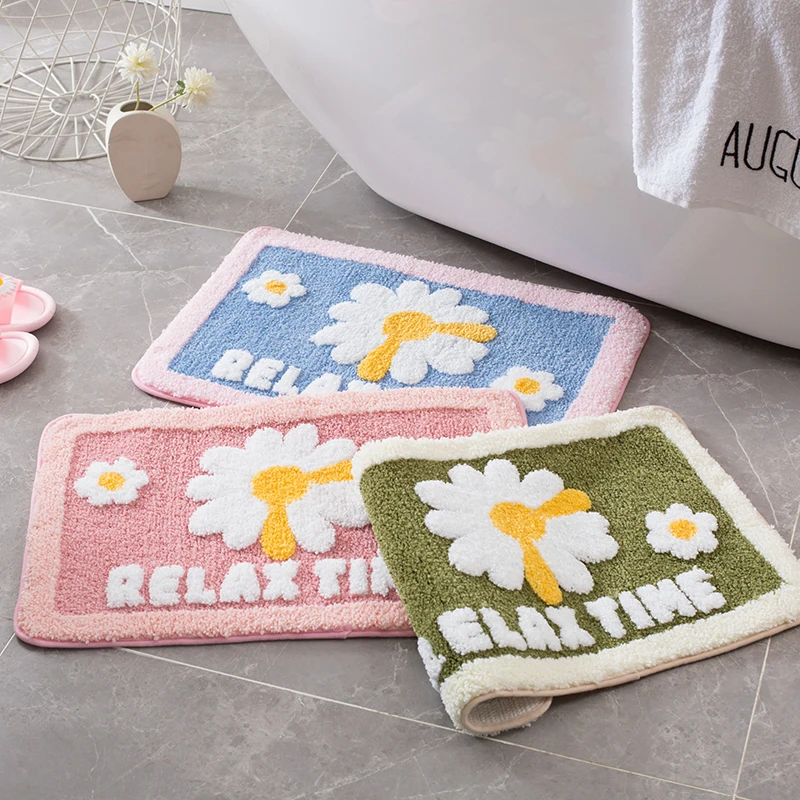 

40x60cm Bath Mat Cute Cartoon Daisy Flocking Floor Mats Home Bathroom Non-Slip Carpet Rugs Bedroom Kitchen Absorbent Door Mat