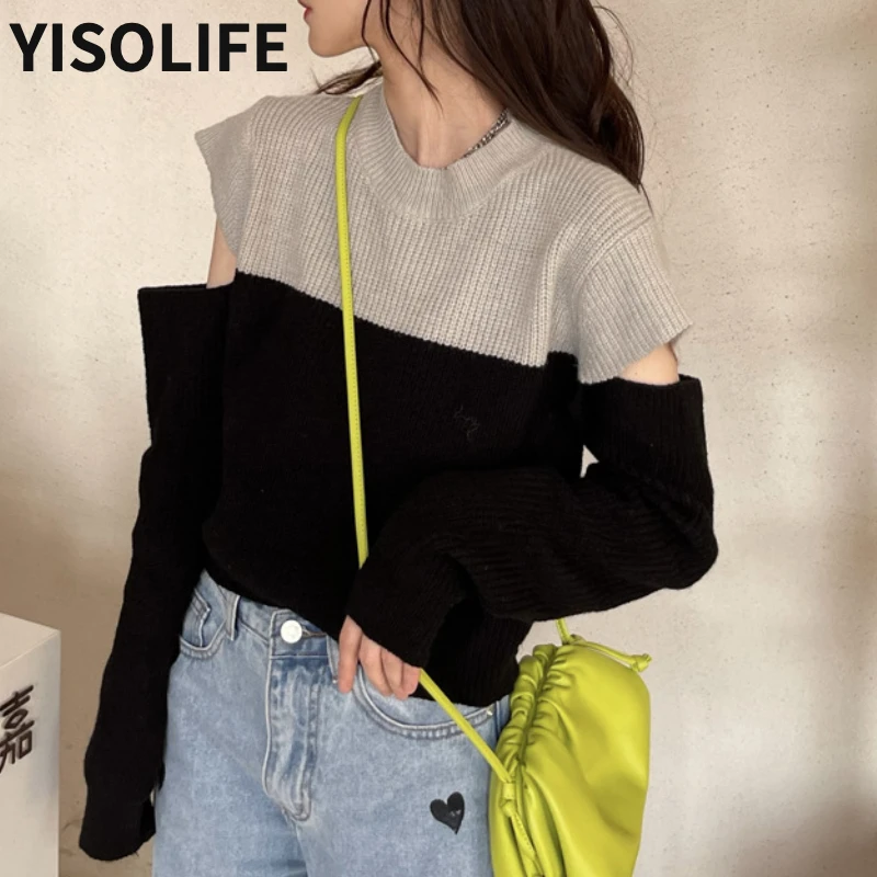 

Женская одежда YISOLIFE, осенняя одежда без бретелек, контрастный цветной свитер, пальто с длинным рукавом, универсальный темпераментный свите...