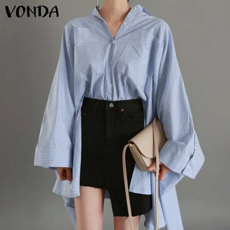 

Elegant Shirts Women Long Blouse VONDA 2021 Casual Long Sleeve Lapel Button Striped Shirts Casual Blusas Femininas Plus Size