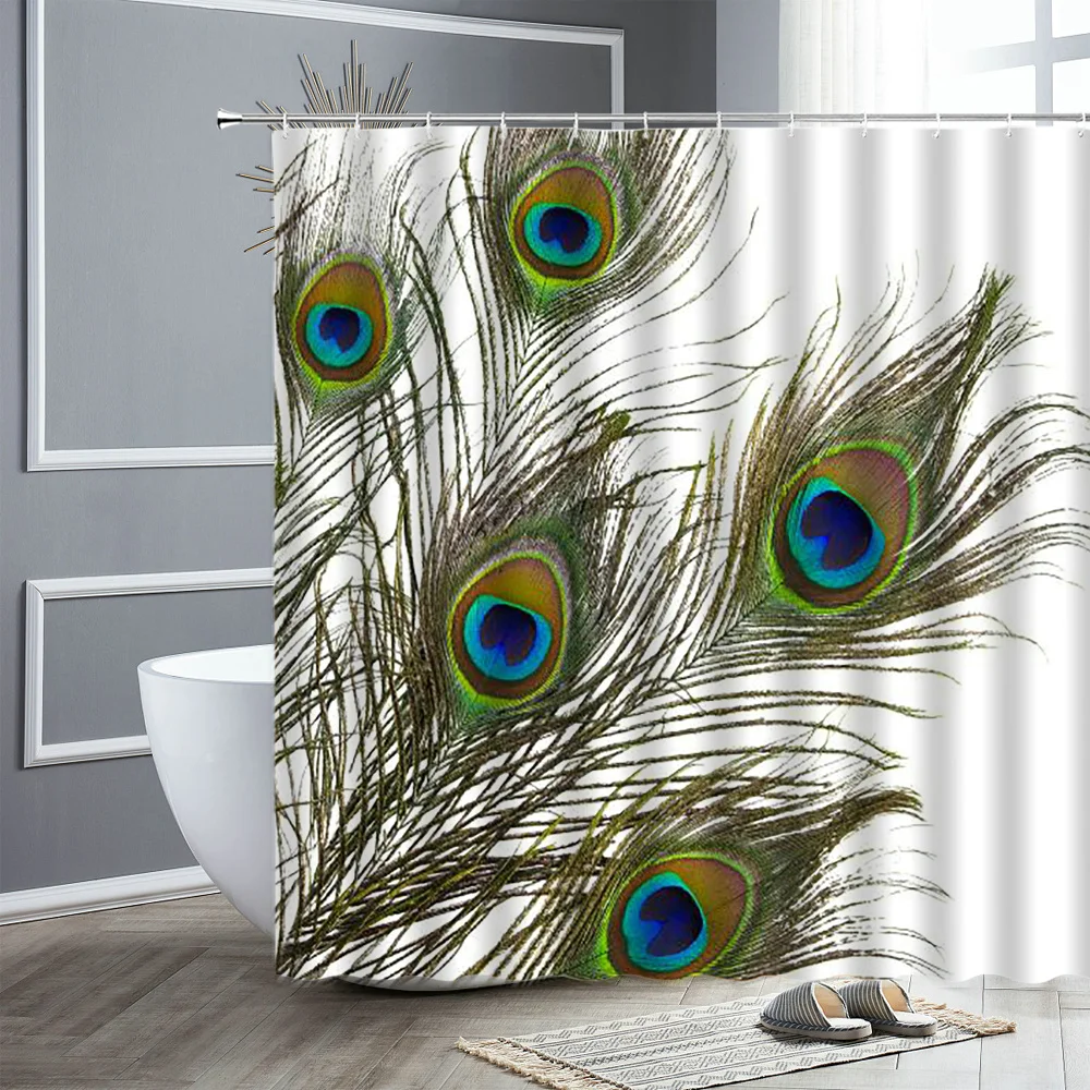 

Peacocks Shower Curtain Bird Feather Chinese Style Bathroom Curtains 3D Retro Flower Waterproof Home Decor Bath Cloth With Hooks